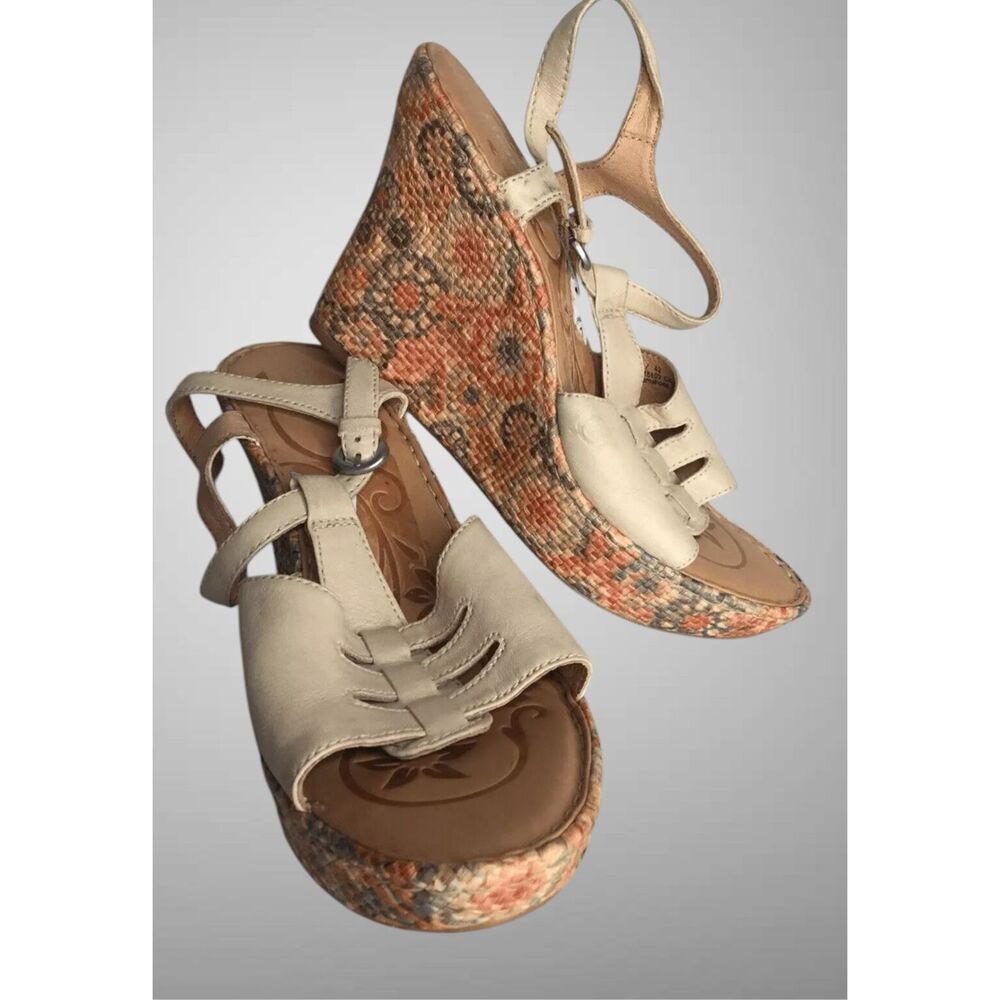 Born Platform Sandals Womens 10 High Wedge Floral Orange Braided Slingback Boho - Picture 7 of 12